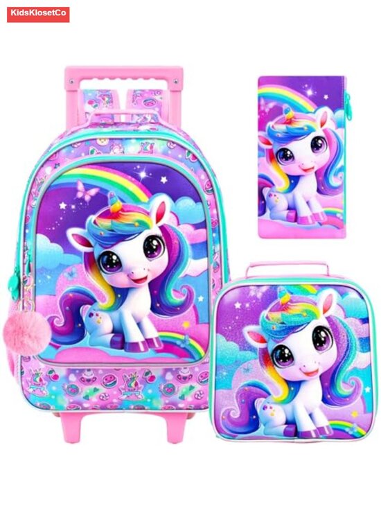 Other - 3PCS Rolling Backpack for Girls, Kids Wheeled Bookbag with Lunch Bag & Pencil